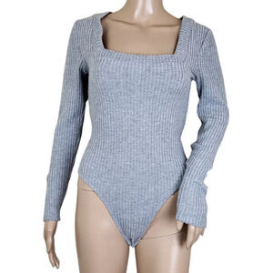 Steve Madden Grey Brushed Rib Long Sleeve Square Neck Bodysuit